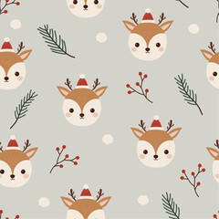 Cute Christmas seamless pattern. Funny cartoon deer in Santa hat, fir branches, red berries and snowflakes. Festive vector print. Creative hand drawn kids design for clothes, pajamas, textiles.