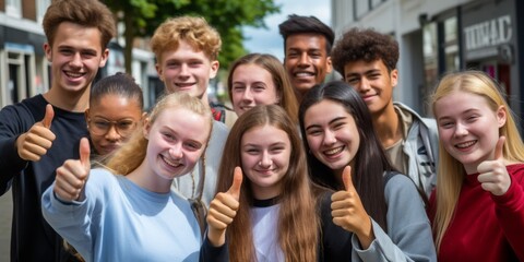 Fototapeta premium Students Show Thumbs Up Next Door, Signifying a Journey of Retraining, Further Education, and University Studies in Pursuit of Knowledge and Achievement