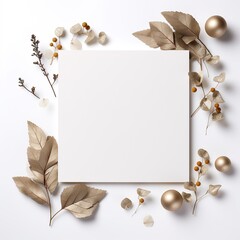 Fototapeta na wymiar White blank paper greeting card with eco Christmas decorations, holidays festive mock up