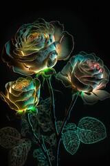 AI generated illustration of glowing roses on dark background