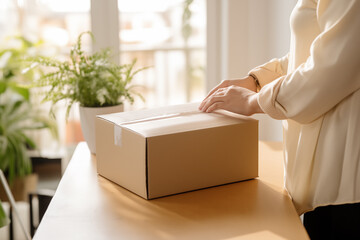 Woman Receiving and Unboxing Parcel at Home - Online Shopping Concept. - obrazy, fototapety, plakaty