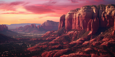 red rocks in sandstone mountain canyon at sunset with red rock formations