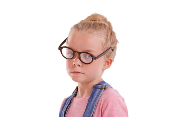 Portrait, kid and girl with glasses, nerd and tired with fatigue isolated on a transparent background. Face, person and child with eyewear, png and clear vision with eyesight and looking hipster