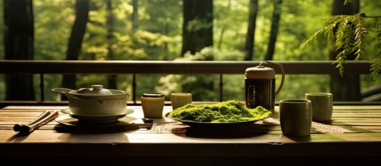 Fototapeta na wymiar In a serene and isolated setting surrounded by breathtaking nature a vintage wooden table adorned with minimalist white tea cups and plates showcases the essence of Japanese luxury and Asian