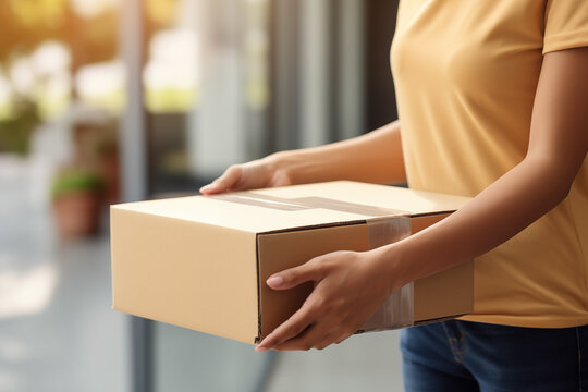 Woman Receiving and Unboxing Parcel at Home - Online Shopping Concept.
