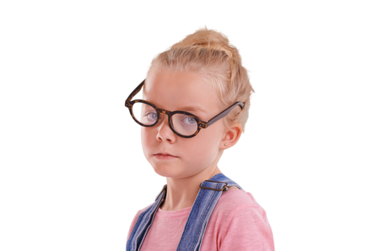 Portrait, kid and girl with glasses, nerd and tired with fatigue isolated on a transparent background. Face, person and child with eyewear, png and clear vision with eyesight and looking hipster