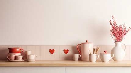 Kitchen with red valentine's decors, Scandi home interior design template - obrazy, fototapety, plakaty