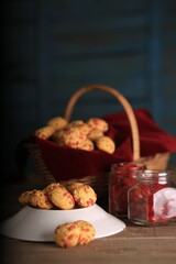 Delicious Biscuits or Tutti Frutti Cookies, Also Known as Candied Fruit Cookies, with a jar full of...
