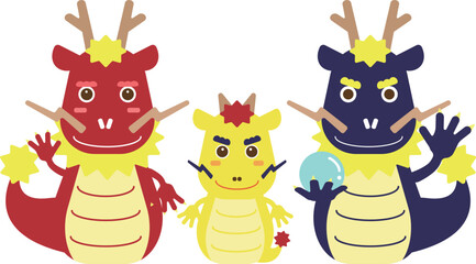 2024年賀状素材　ポップな龍のイラスト05　3匹　3人家族　赤と黄色と青の龍