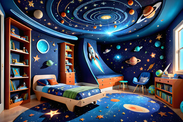 Space theme. Creative and bright eco design of a children's room. Bright fantasy wallpaper on the wall of baby room.