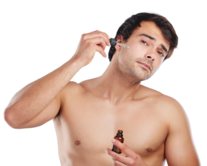 Portrait, skincare and man with serum, cosmetics and dermatology isolated on a transparent background. Face detox, person and model with health, anti aging and glowing skin with beauty, facial or png
