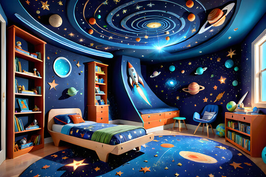 Space theme. Creative and bright eco design of a children's room. Bright fantasy wallpaper on the wall of baby room.