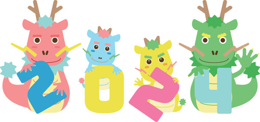 2024年賀状素材　ポップな龍のイラスト19　4匹　4人家族　年号とピンクと緑色と黄色と水色の龍