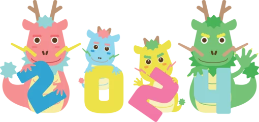 Fotobehang 2024年賀状素材　ポップな龍のイラスト19　4匹　4人家族　年号とピンクと緑色と黄色と水色の龍 © oatmealco