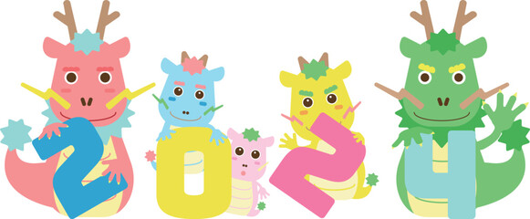 Obraz premium 2024年賀状素材 ポップな龍のイラスト22 5匹 5人家族 年号とピンクと緑色と黄色と水色の龍