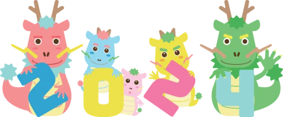 Fotobehang 2024年賀状素材　ポップな龍のイラスト22　5匹　5人家族　年号とピンクと緑色と黄色と水色の龍 © oatmealco