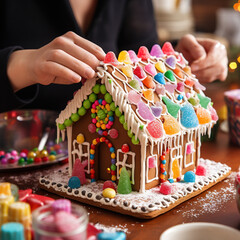 Hands decorating a gingerbread house with christmas feel