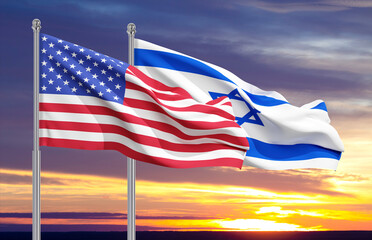 USA and Israel flag against the sunset. Countries relationship concept