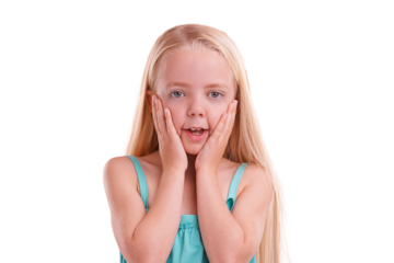 Gossip, news and girl child with hands on face on isolated, transparent or png background. Wow, secret and kid model with emoji shock for drama, story or announcement promo or coming soon giveaway