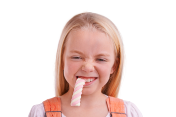 Isolated girl child, biting candy and happy for snack, color or sugar by transparent png background. Kid, smile and eating rainbow twist sweets for dessert, taste and excited with fashion in portrait