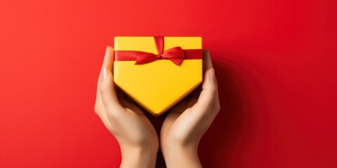 Hands holding heart and gift box on a yellow and red  background, giving love and generosity to loved ones. - obrazy, fototapety, plakaty