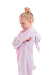 Kid, girl and angry with pajamas, thinking and upset person isolated on a transparent background....