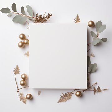 White blank paper greeting card with eco Christmas decorations, holidays festive mock up