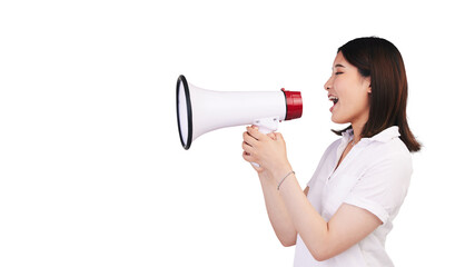 Woman, megaphone and voice in announcement to broadcast, advertising deal and breaking news. Asian person, speaker and microphone noise for promotion and isolated on transparent png background