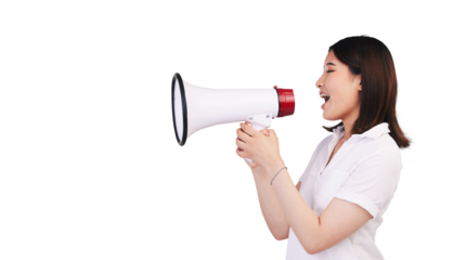 Woman, megaphone and voice in announcement to broadcast, advertising deal and breaking news. Asian person, speaker and microphone noise for promotion and isolated on transparent png background