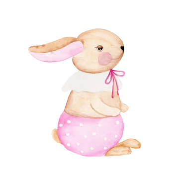 Bunny cute watercolor drawing on a white background isolate. Rabbit in pink pants with a bow. A nice illustration for decorating cards and invitations for Easter and printing on children's textiles.