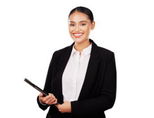 Tablet, smile and portrait of business woman, worker and employee, notary or consultant. Face, happy professional and tech of lawyer with confidence in Brazil isolated on a transparent png background