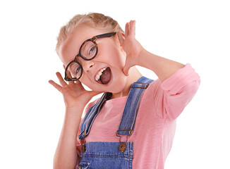 Portrait, funny or girl with smile, kid and silly with glasses isolated on transparent background....