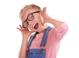 Portrait, funny or girl with smile, kid and silly with glasses isolated on transparent background. Face, person or child with eyewear, laughing or humor with happiness, sight or see with goofy or png