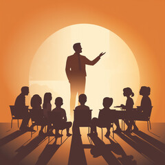 A simple silhouette of a teacher leading a class. Flat clean cartoon 2D illustration style