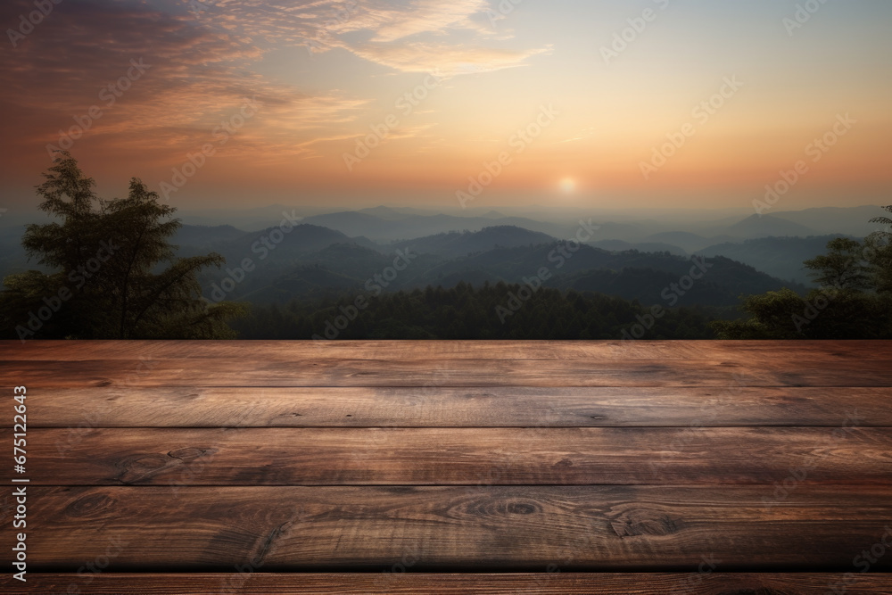 Poster beautiful wooden table with stunning sunset in background. this picture can be used to add warm and 