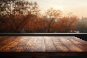 Naklejka na ściany i meble Simple wooden table placed in front of window. Suitable for various interior design themes.