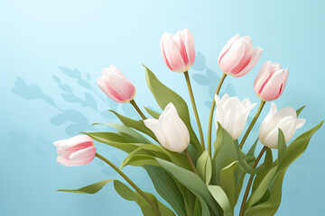 Beautiful bouquet of pink and white tulips arranged against vibrant blue background. Perfect for springtime and floral-themed designs.