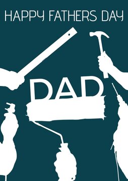 Happy fathers day, dad text in white, with white silhouetted hands doing diy