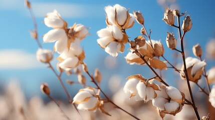 A blossoming organic white natural cotton plant in a sustainable field Scientific name: Gossypium - obrazy, fototapety, plakaty