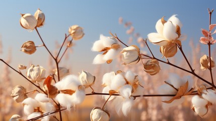 A blossoming organic white natural cotton plant in a sustainable field Scientific name: Gossypium - obrazy, fototapety, plakaty
