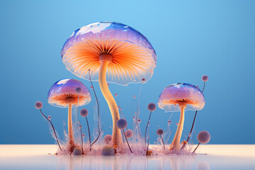 Group of purple mushrooms sitting on top of table. This image can be used to depict nature, mushroom cultivation, or as background for fantasy-themed designs.