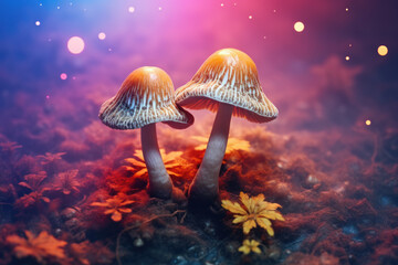 Fototapeta na wymiar Couple of mushrooms sitting on top of pile of leaves. Perfect for nature enthusiasts or those looking for images of autumn scenes.