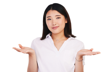 Woman, confused and portrait with doubt for decision, uncertain and question for unsure of options. Japanese model, choice and hands in young face on emoji and isolated on transparent png background