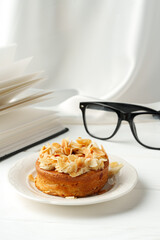 Close up of tartlet with almond petals