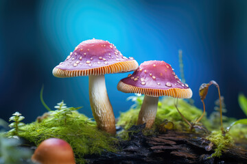 Fototapeta premium Picture of couple of mushrooms sitting on top of moss-covered ground. Perfect for nature enthusiasts and those looking for images of mushrooms in their natural habitat.