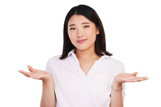 Woman, confused and portrait with doubt for decision, uncertain and question for unsure of options. Japanese model, choice and hands in young face on emoji and isolated on transparent png background