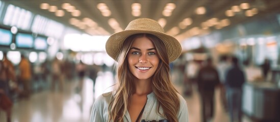 A young girl with a pink camera captured a beautiful portrait of a woman at the airport during the summer vacation as people hurriedly traveled and news of a white sale spread