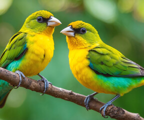 These are adorable birds. Stunning tanager Chlorophonia cyanea, a Colombian exotic tropical green songbird.
