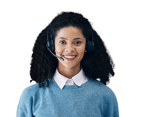 Happy woman, face and portrait with headphones for call center isolated on a transparent PNG...