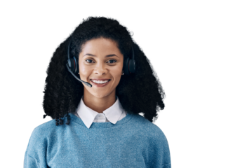 Happy woman, face and portrait with headphones for call center isolated on a transparent PNG background. Female person, consultant or agent smile with headset in customer service or telecommunication